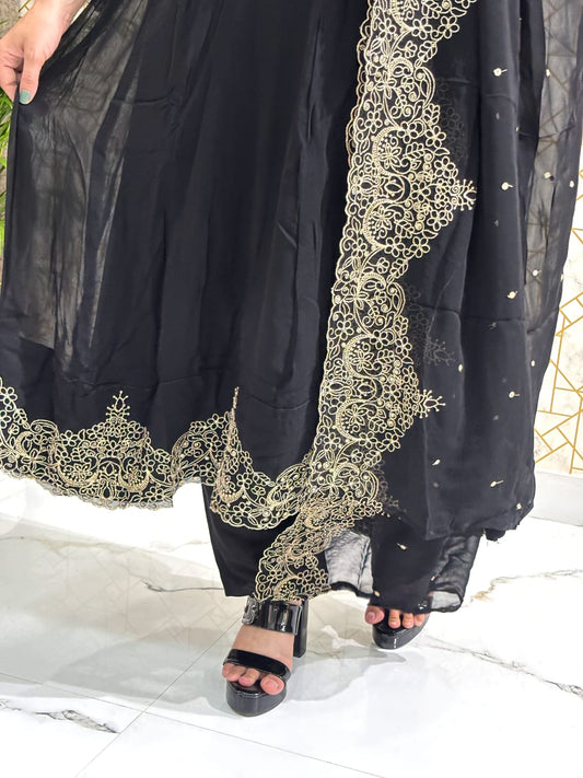 Elegant Black Embroidered Georgette Suit Set