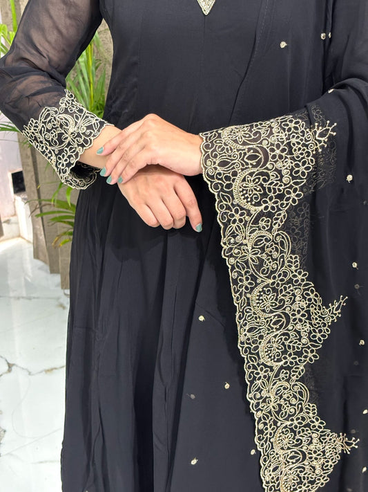 Elegant Black Embroidered Georgette Suit Set