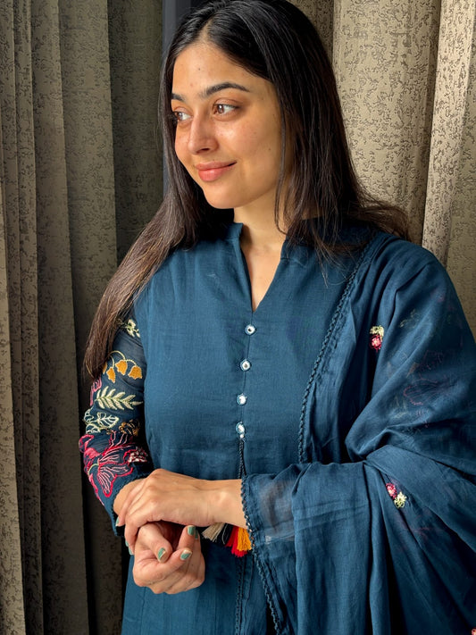 Midnight Blue Floral Embroidered Cotton Kurta Set