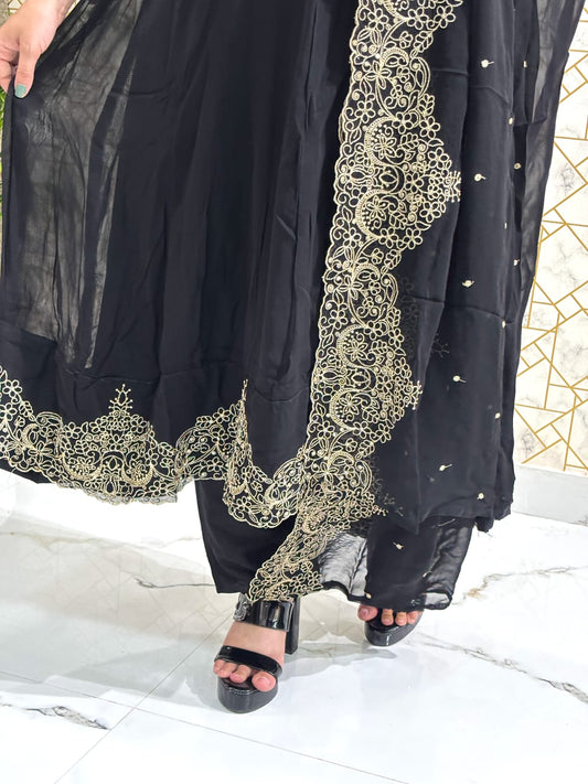 Elegant Black Embroidered Georgette Suit Set