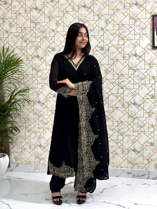 Elegant Black Embroidered Georgette Suit Set