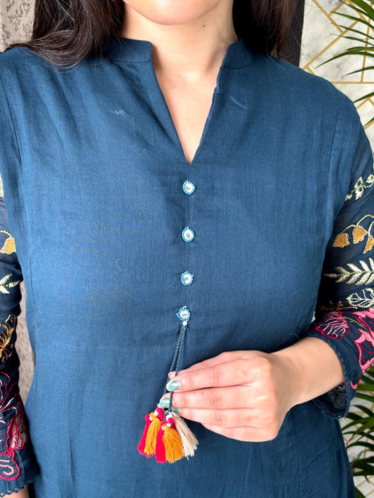 Midnight Blue Floral Embroidered Cotton Kurta Set