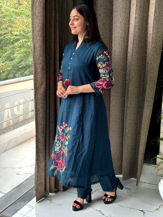 Midnight Blue Floral Embroidered Cotton Kurta Set