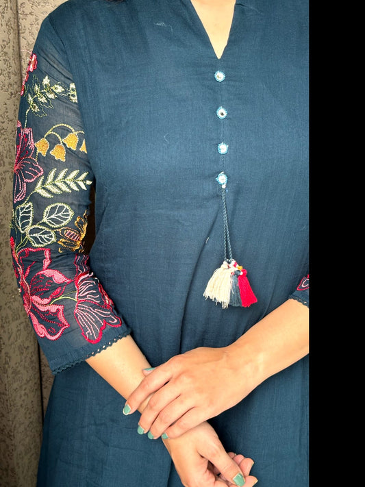 Midnight Blue Floral Embroidered Cotton Kurta Set