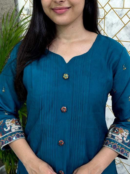 Teal Printed Cotton Kurta Set with Ajrakh Dupatta