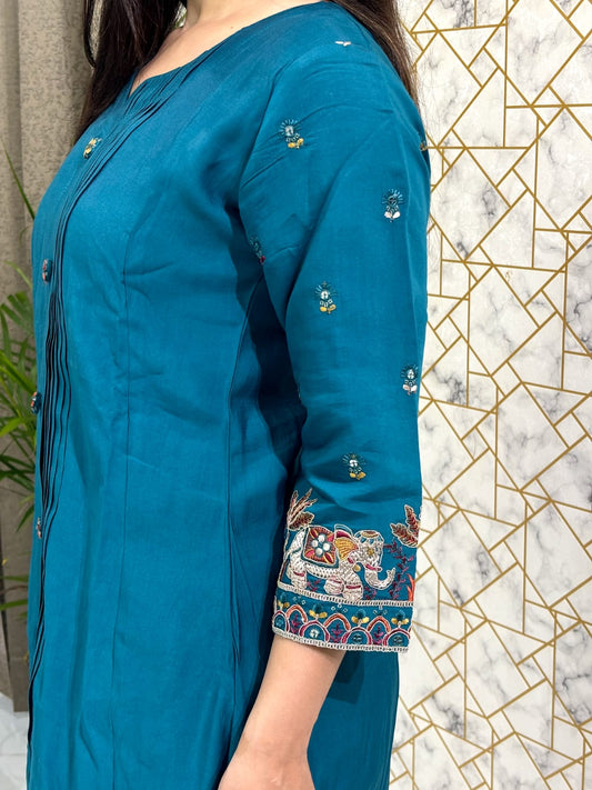 Teal Printed Cotton Kurta Set with Ajrakh Dupatta