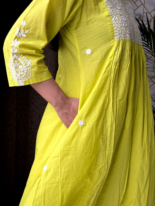 Lime Yellow Mirror Work Kurta Palazzo Set