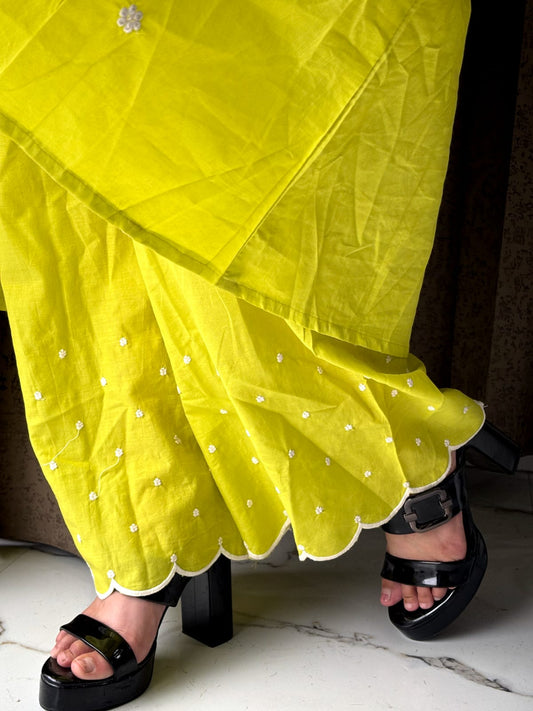 Lime Yellow Mirror Work Kurta Palazzo Set