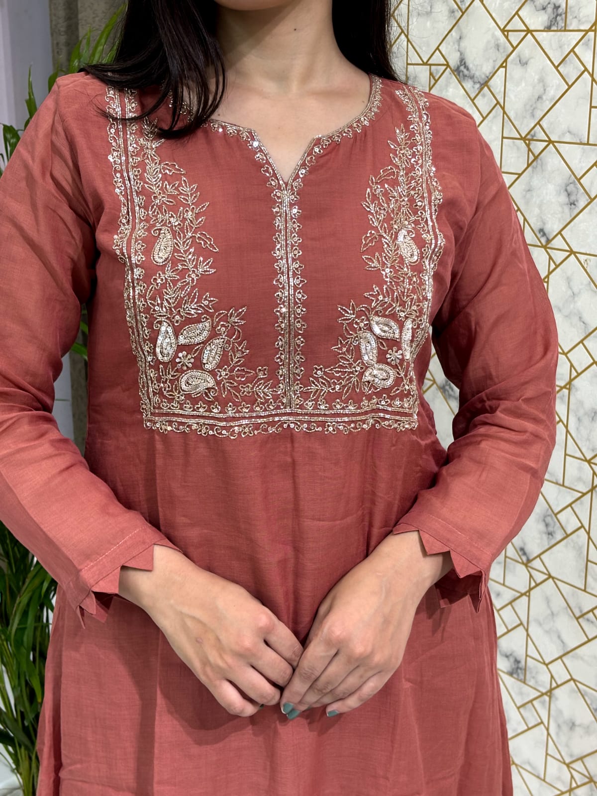 Rust Cotton Embroidered Kurta Set with Dupatta
