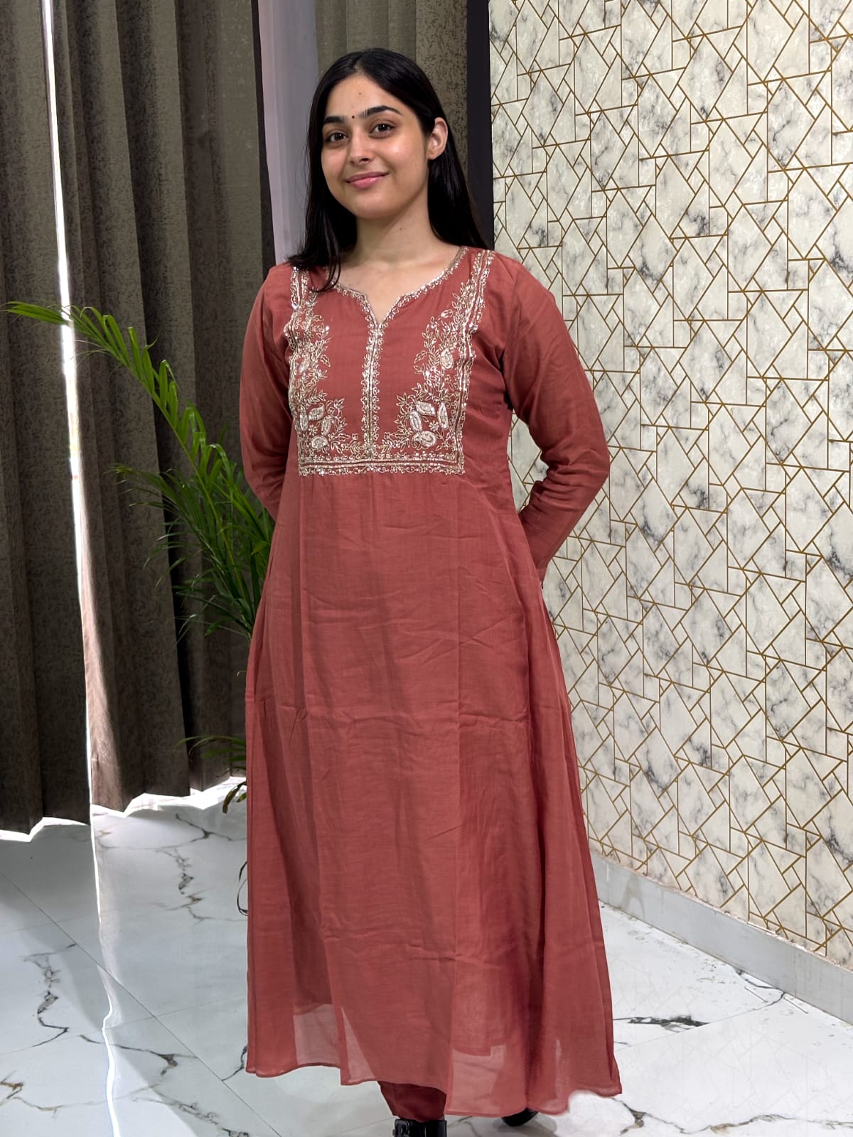 Rust Cotton Embroidered Kurta Set with Dupatta