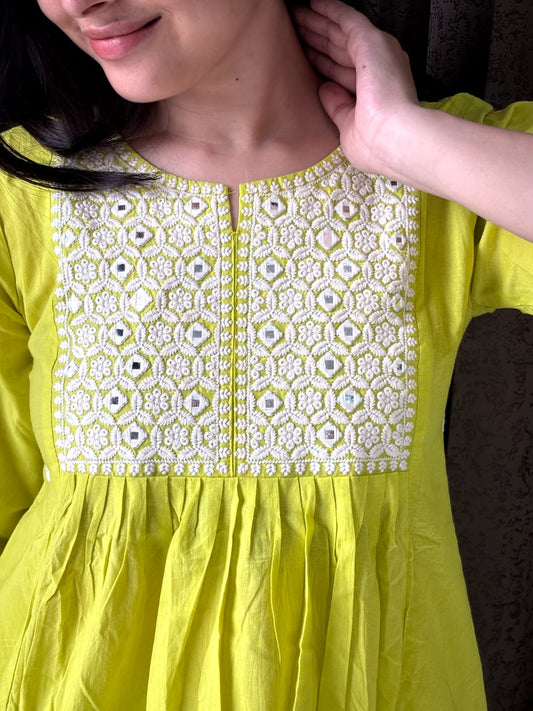 Lime Yellow Mirror Work Kurta Palazzo Set