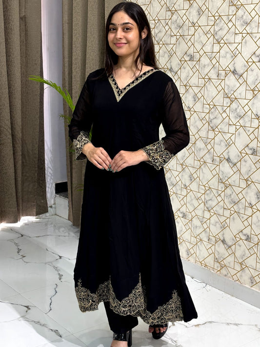 Elegant Black Embroidered Georgette Suit Set