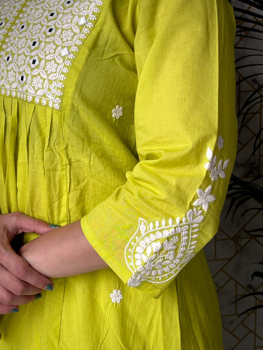 Lime Yellow Mirror Work Kurta Palazzo Set