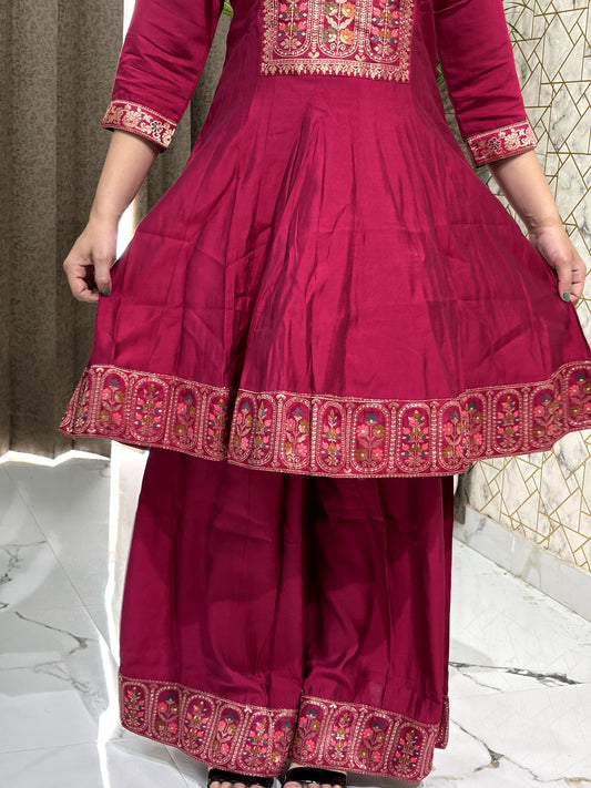 Wine Red Peplum Kurta Sharara Set with Intricate Embroidery