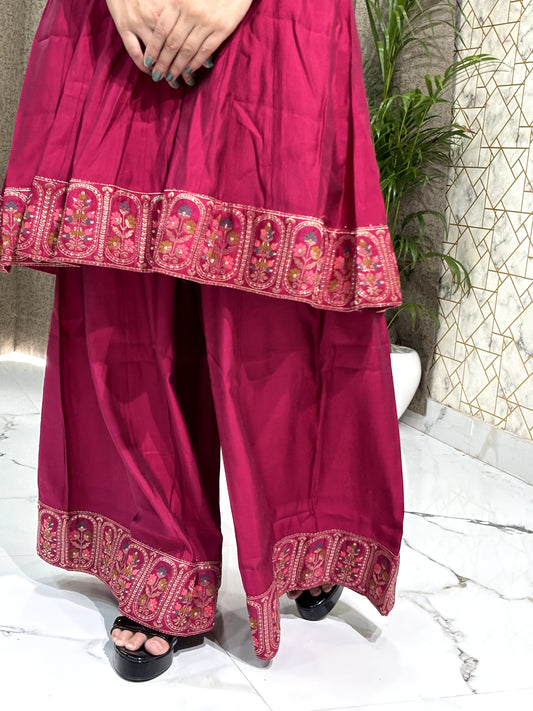Wine Red Peplum Kurta Sharara Set with Intricate Embroidery
