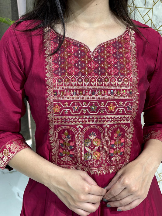 Wine Red Peplum Kurta Sharara Set with Intricate Embroidery