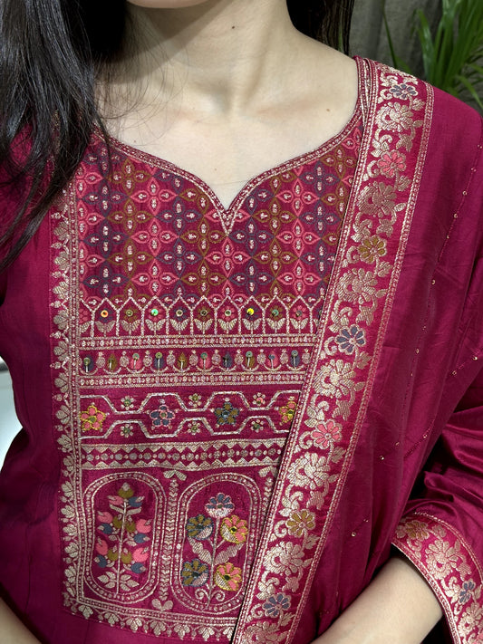 Wine Red Peplum Kurta Sharara Set with Intricate Embroidery