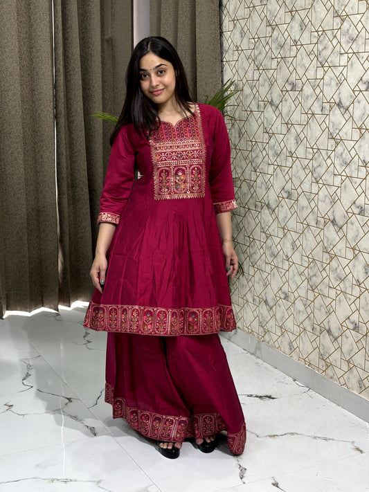 Wine Red Peplum Kurta Sharara Set with Intricate Embroidery