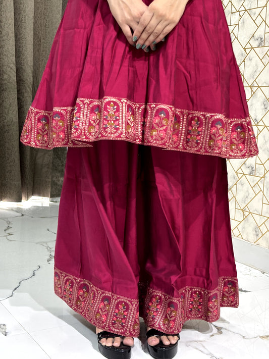Wine Red Peplum Kurta Sharara Set with Intricate Embroidery