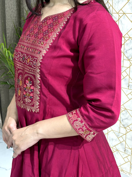 Wine Red Peplum Kurta Sharara Set with Intricate Embroidery