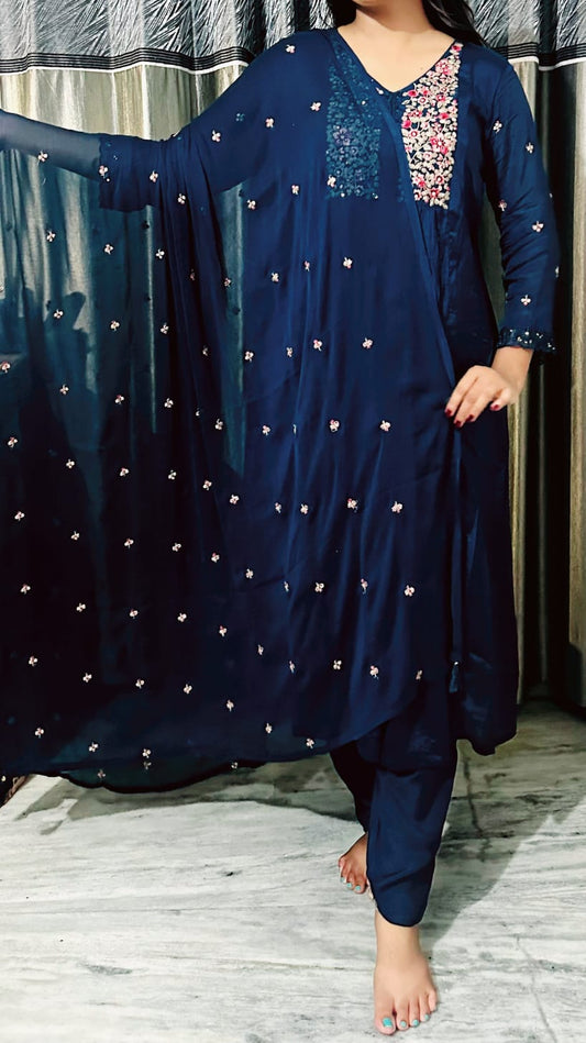 Midnight Blue Embroidered Anarkali Set