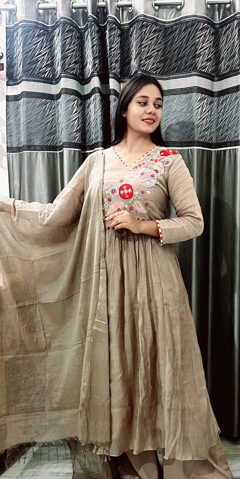 Beige Embroidered Anarkali Suit Set