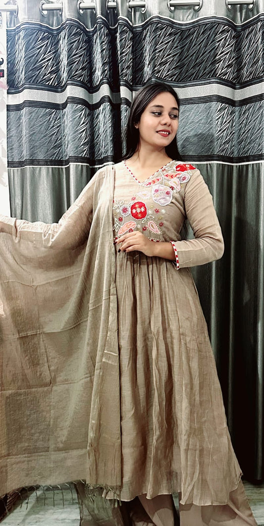 Beige Embroidered Anarkali Suit Set