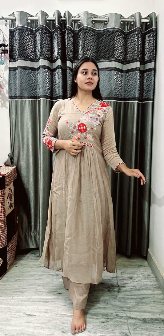 Beige Embroidered Anarkali Suit Set
