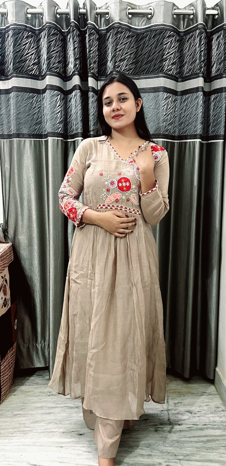Beige Embroidered Anarkali Suit Set