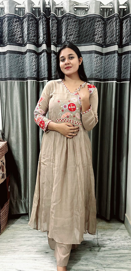 Beige Embroidered Anarkali Suit Set