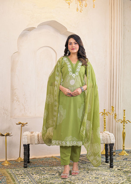 Olive Green/ Pink Chikankari Kurta Set with Organza Dupatta