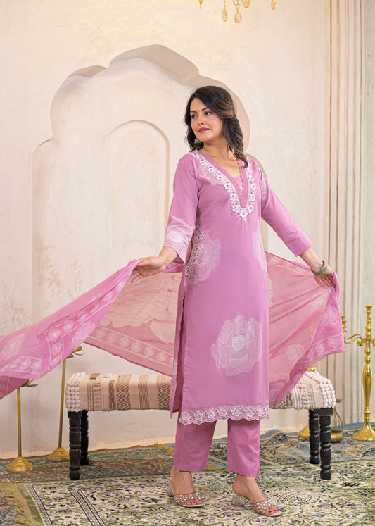Olive Green/ Pink Chikankari Kurta Set with Organza Dupatta