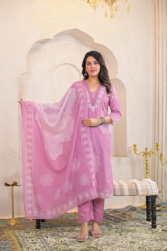 Olive Green/ Pink Chikankari Kurta Set with Organza Dupatta