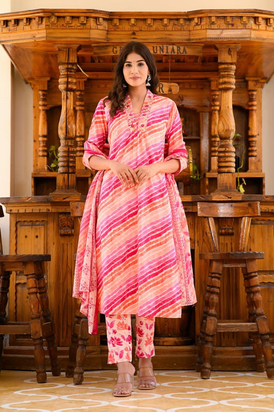 Anziva Yellow & Green Floral Printed/ Pink Cotton Suit Set with Dupatta