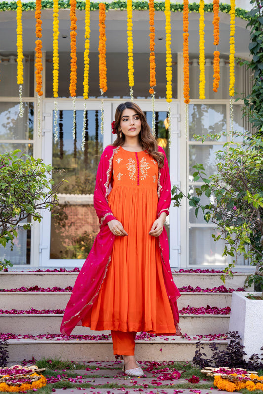 Orange Flared Kurta Set with Pink Embellished Dupatta
