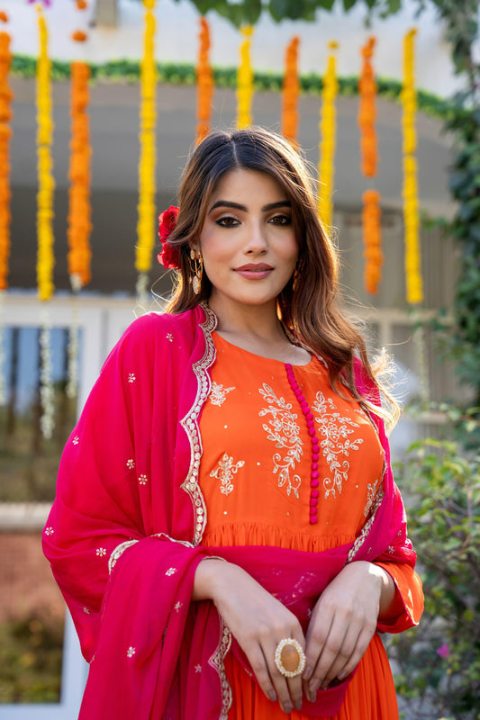 Orange Flared Kurta Set with Pink Embellished Dupatta