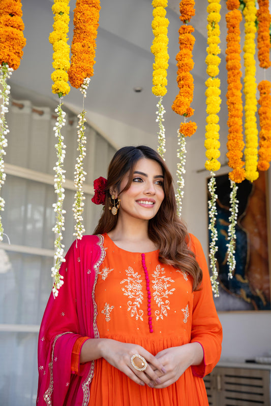 Orange Flared Kurta Set with Pink Embellished Dupatta