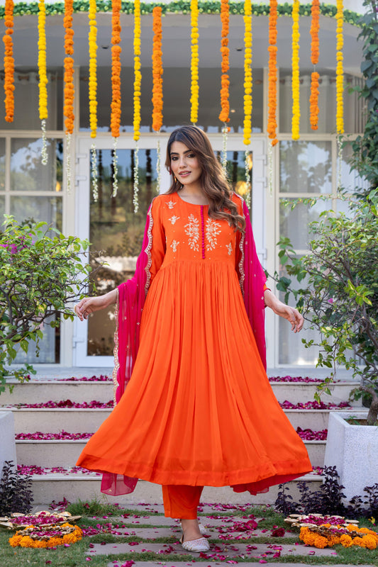 Orange Flared Kurta Set with Pink Embellished Dupatta