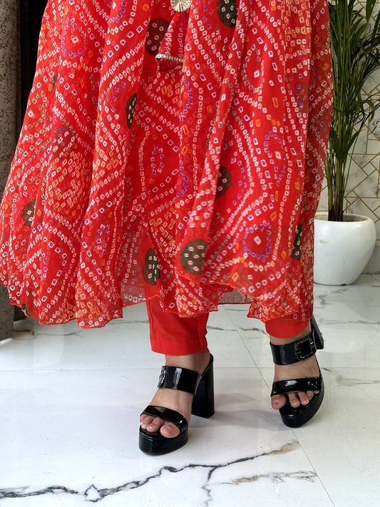 Red Bandhej Anarkali Set with Dupatta