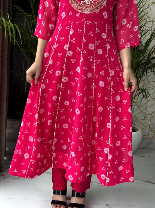 Rani Pink Bandhej Anarkali Set with Mirror Work Neckline