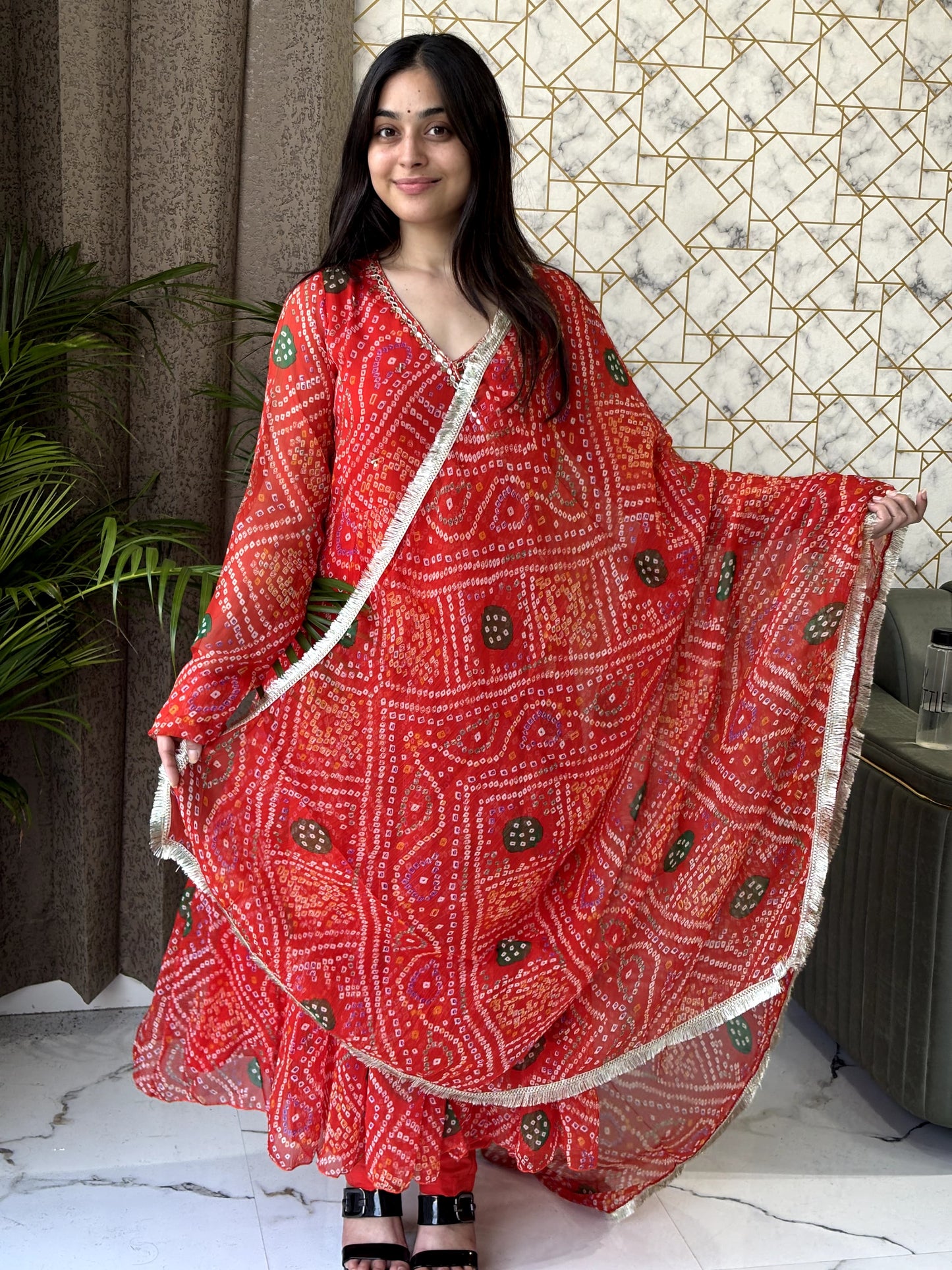 Red Bandhej Anarkali Set with Dupatta