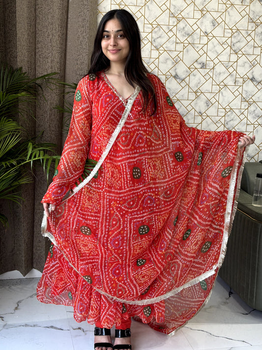 Red Bandhej Anarkali Set with Dupatta