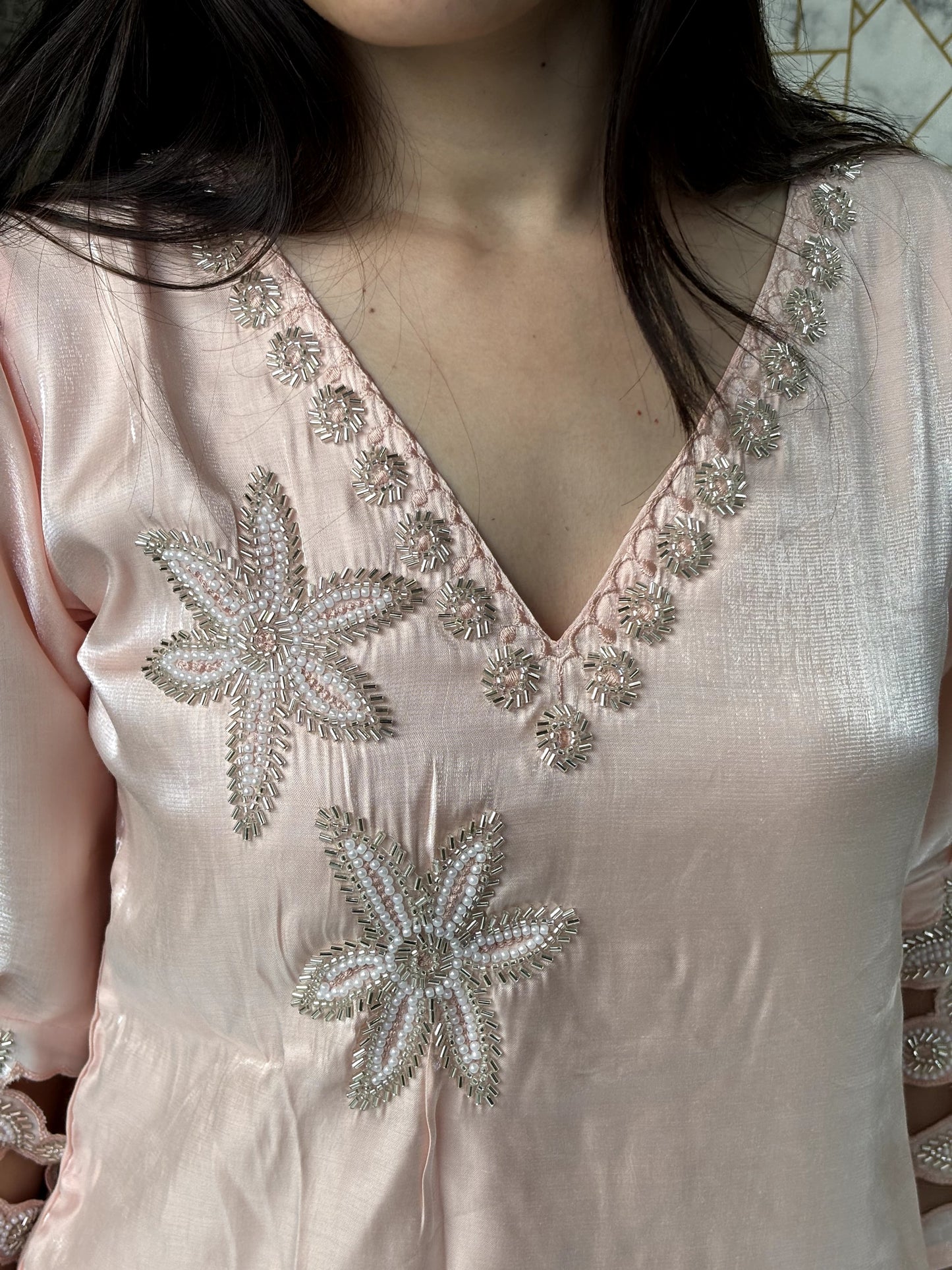 Blush Pink Satin Co-Ord Set with Embroidery