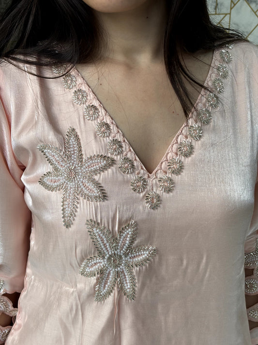 Blush Pink Satin Co-Ord Set with Embroidery