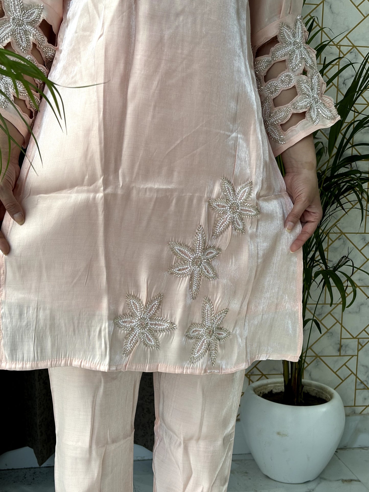 Blush Pink Satin Co-Ord Set with Embroidery