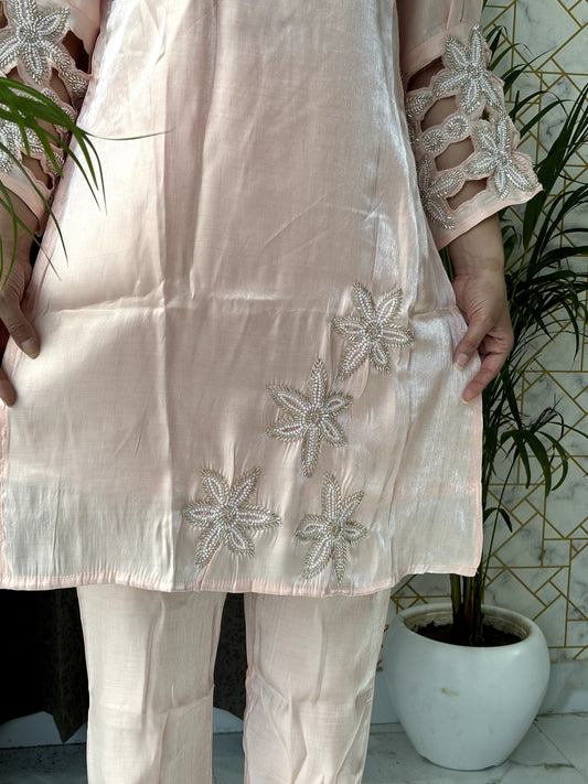 Blush Pink Satin Co-Ord Set with Embroidery