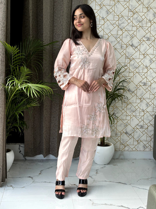 Blush Pink Satin Co-Ord Set with Embroidery