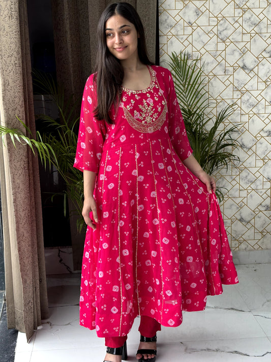 Rani Pink Bandhej Anarkali Set with Mirror Work Neckline