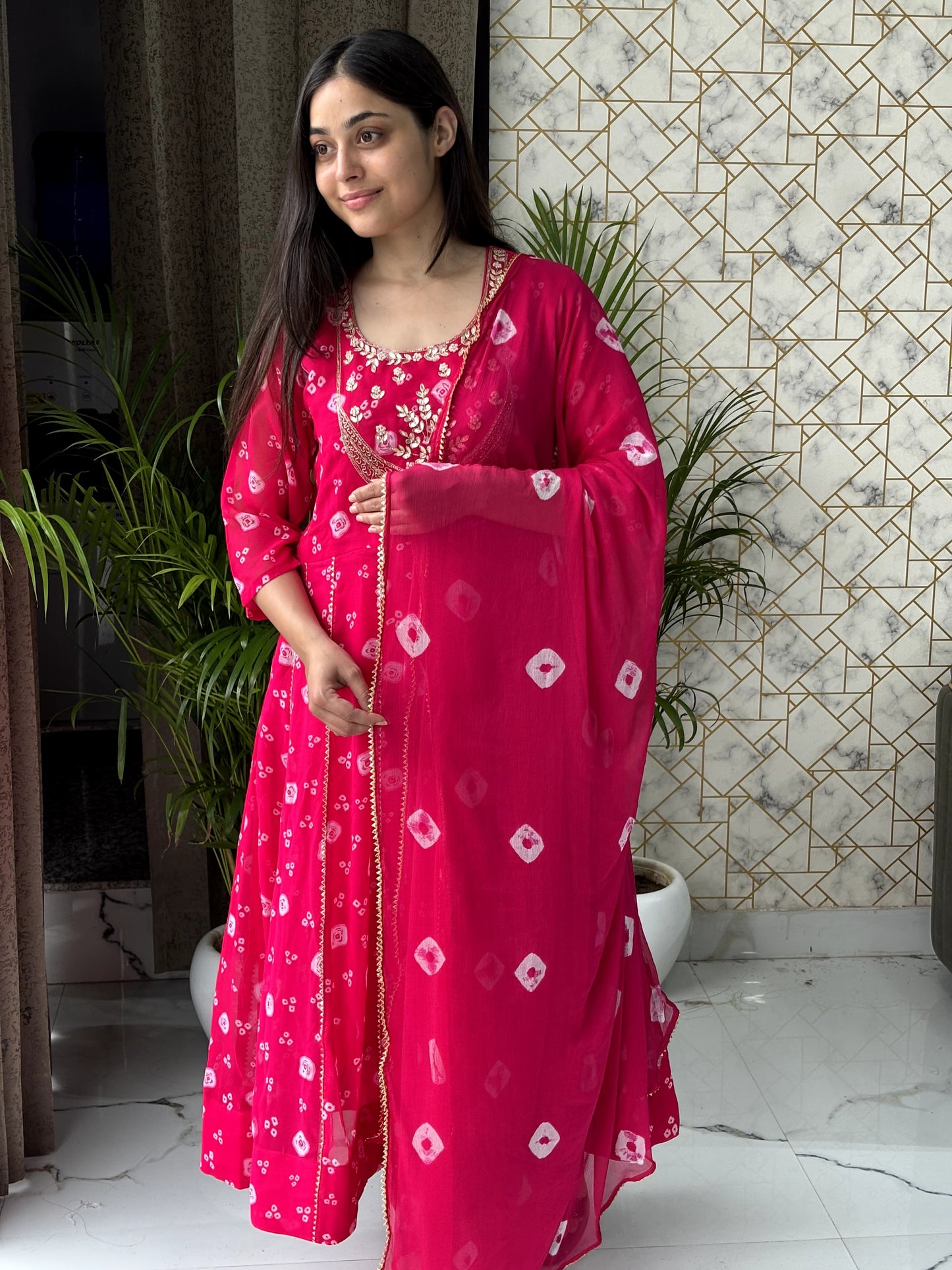 Rani Pink Bandhej Anarkali Set with Mirror Work Neckline