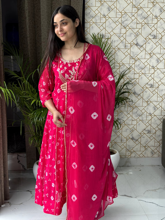 Rani Pink Bandhej Anarkali Set with Mirror Work Neckline